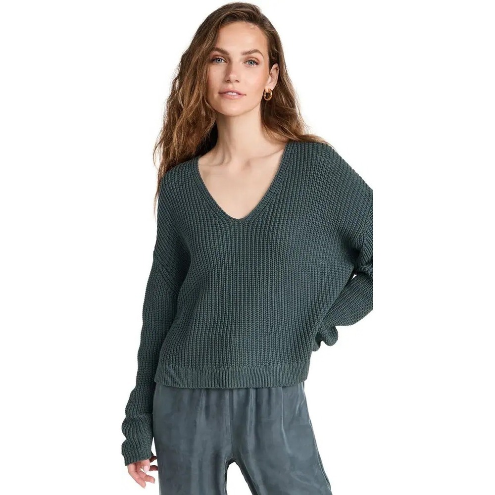 NWT Jenni Kayne Cotton Cabin Cropped Sweater Green V-Neck Chunky Knit Size XL